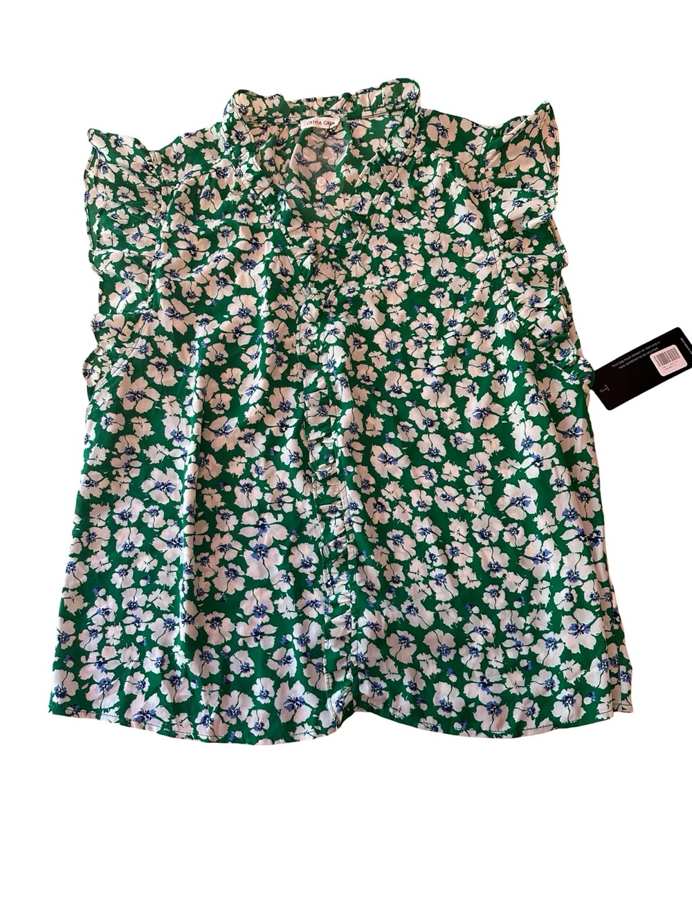 Olivia Grey Green and White Floral Blouse with Ruffle Trim, Size XL.